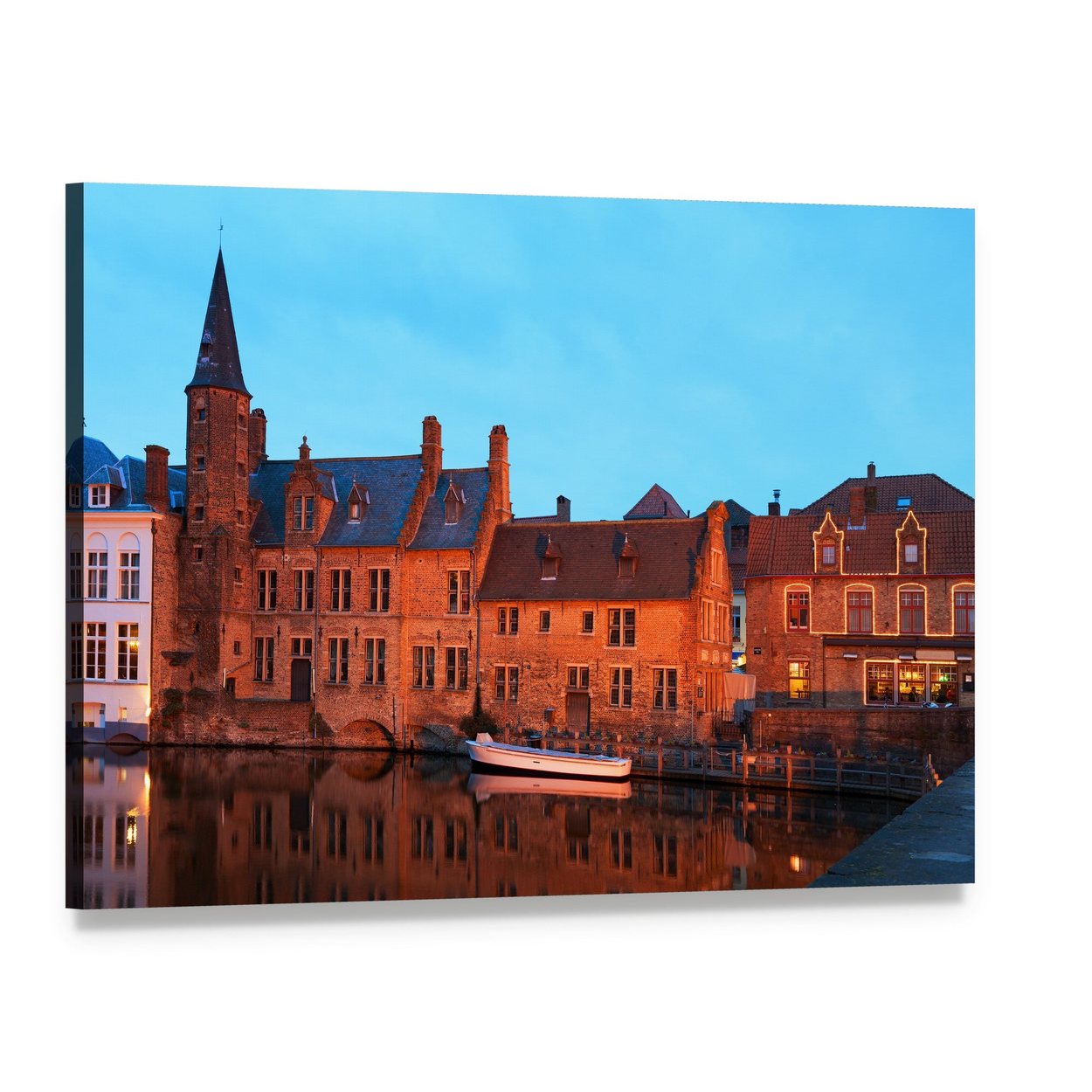 Evening Canal with Historic Buildings and Boat Canvas Wall Art, single panel gallery wrapped canvas, angled product view