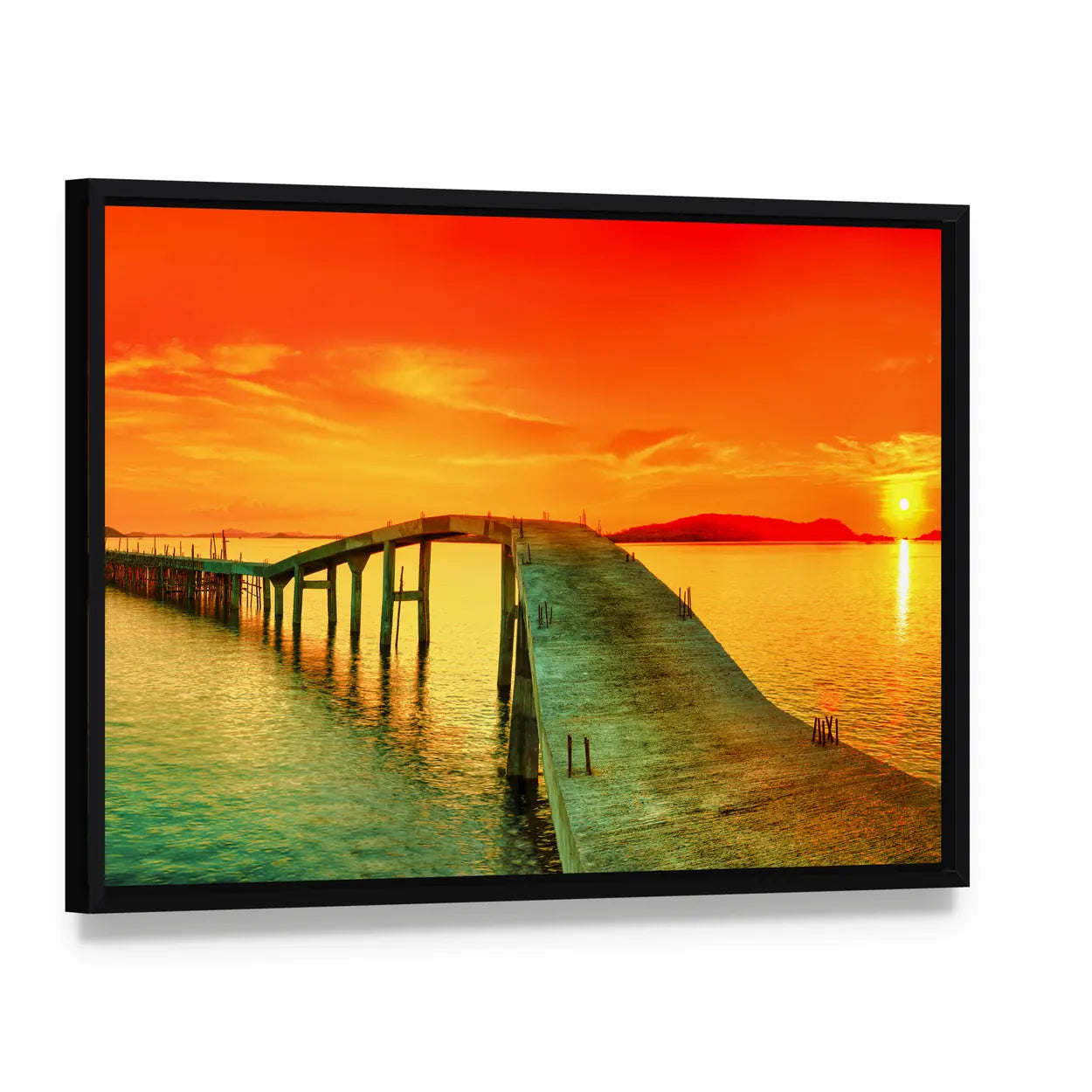 Sunset Over the Sea Pier Canvas Wall Art, framed canvas in a black floater frame, angled product view