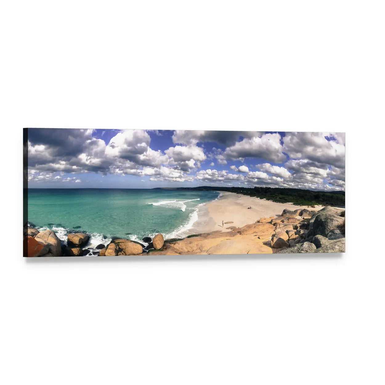 Australian Coastal Beach Scene Panoramic Canvas Wall Art, single panel gallery wrapped canvas, angled product view