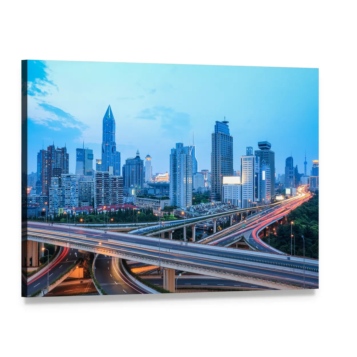 Shanghai Skyline with Highway Traffic at Dusk Canvas Wall Art, single panel gallery wrapped canvas, angled product view