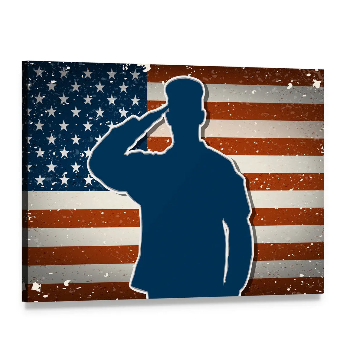 Soldier Saluting on American Flag Canvas Wall Art, single panel gallery wrapped canvas, angled product view