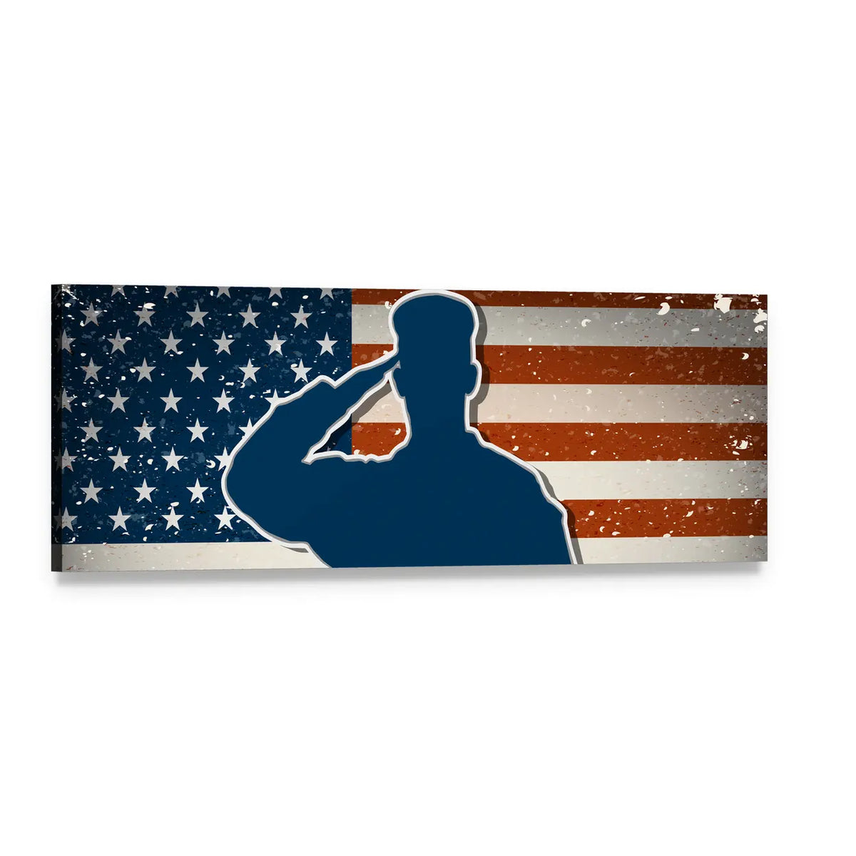 Us Army Soldier Saluting American Flag Panoramic Canvas Wall Art, single panel gallery wrapped canvas, angled product view