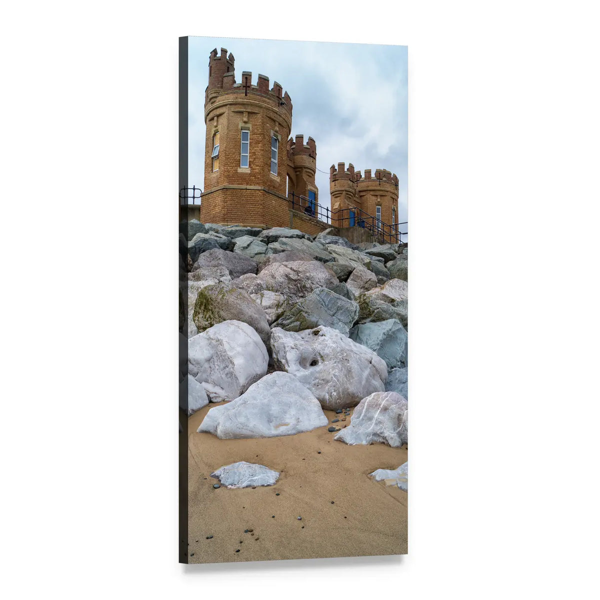 Red Brick Castle Turrets on Rocky Beach Vertical Canvas Wall Art, 1 panel 1 Vertical layout gallery wrapped canvas set, angled product view