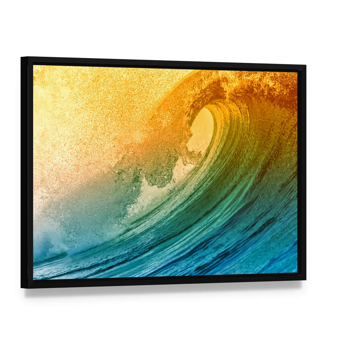 Ocean Wave at Morning Canvas Wall Art, framed canvas in a black floater frame, angled product view