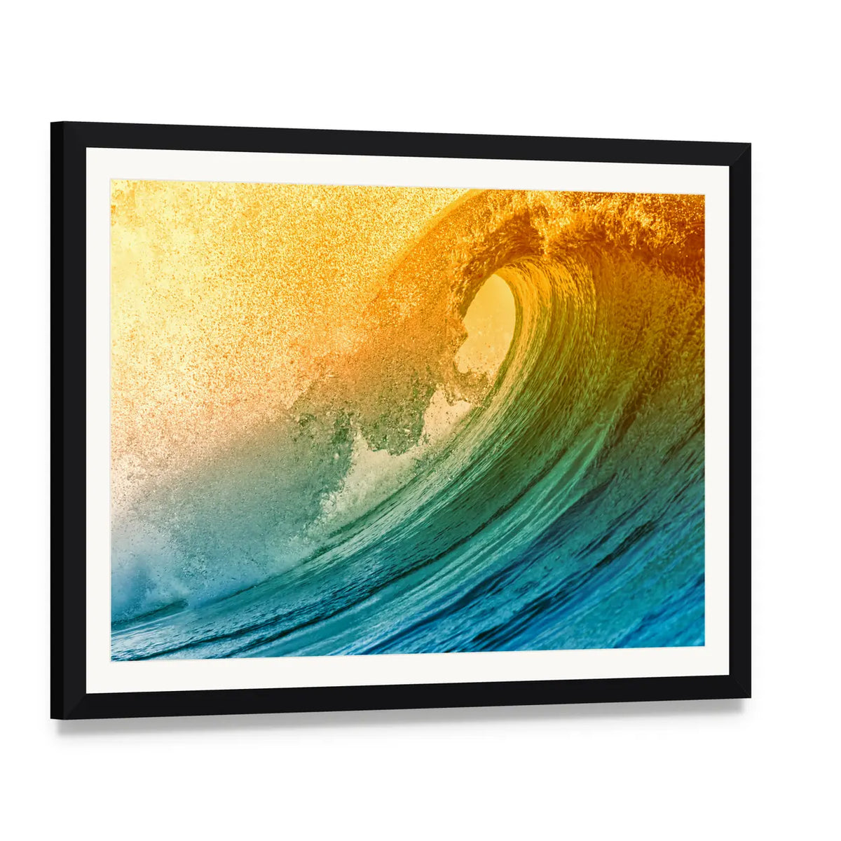 Ocean Wave at Morning Canvas Wall Art, framed print with white mat and black frame, angled product view
