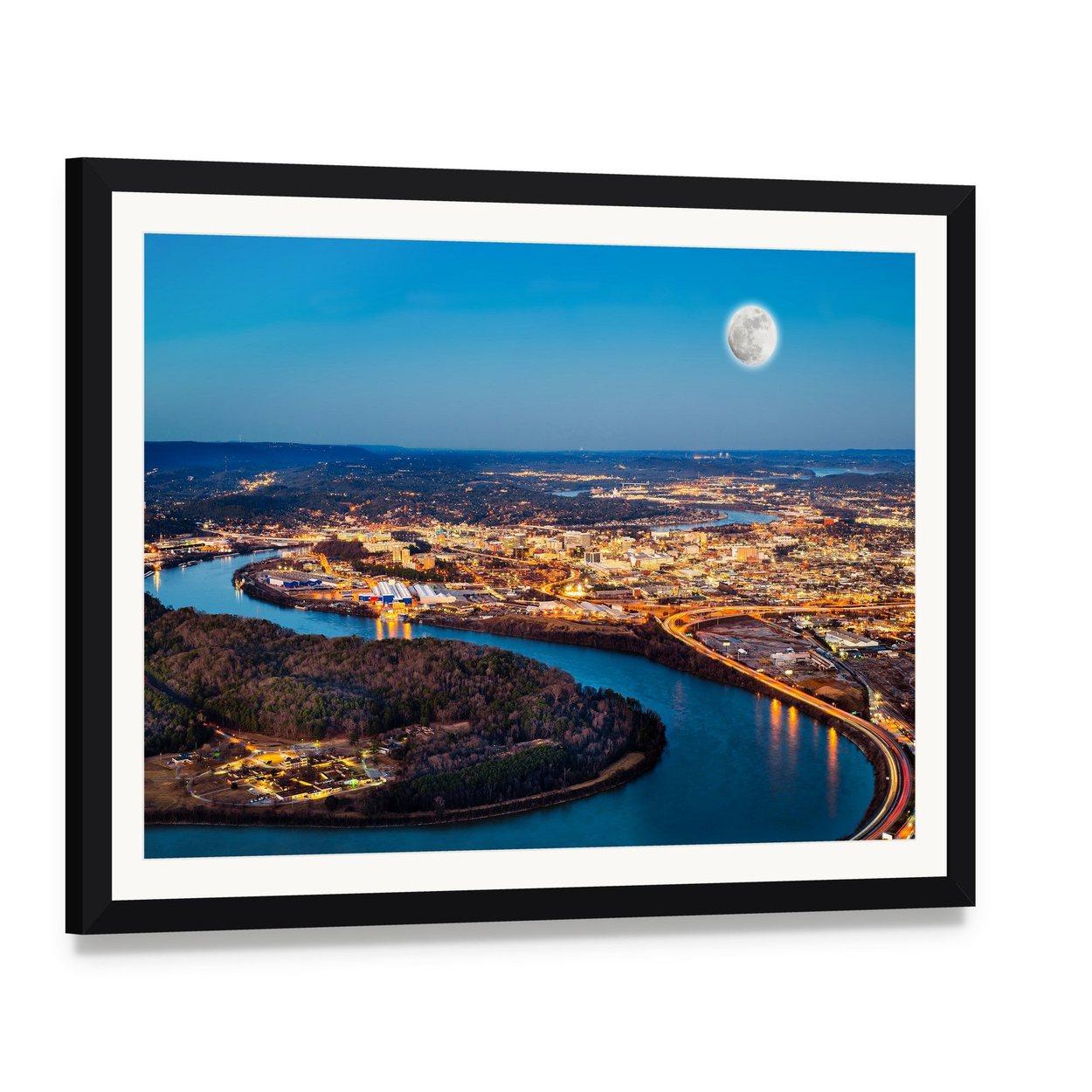 Chattanooga Downtown at Night Canvas Wall Art, framed print with white mat and black frame, angled product view