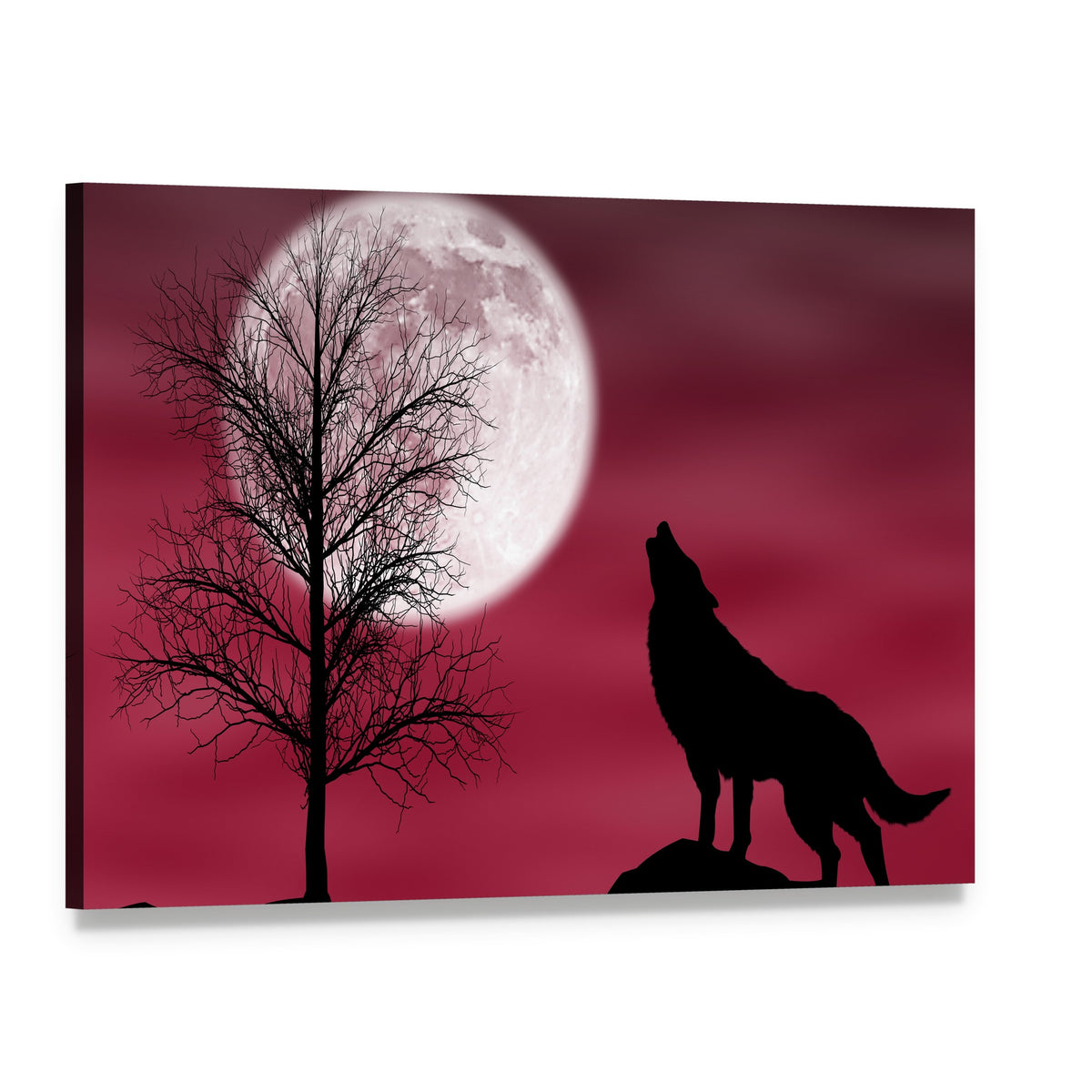 Howling Wolf at Full Moon Canvas Wall Art, single panel gallery wrapped canvas, angled product view