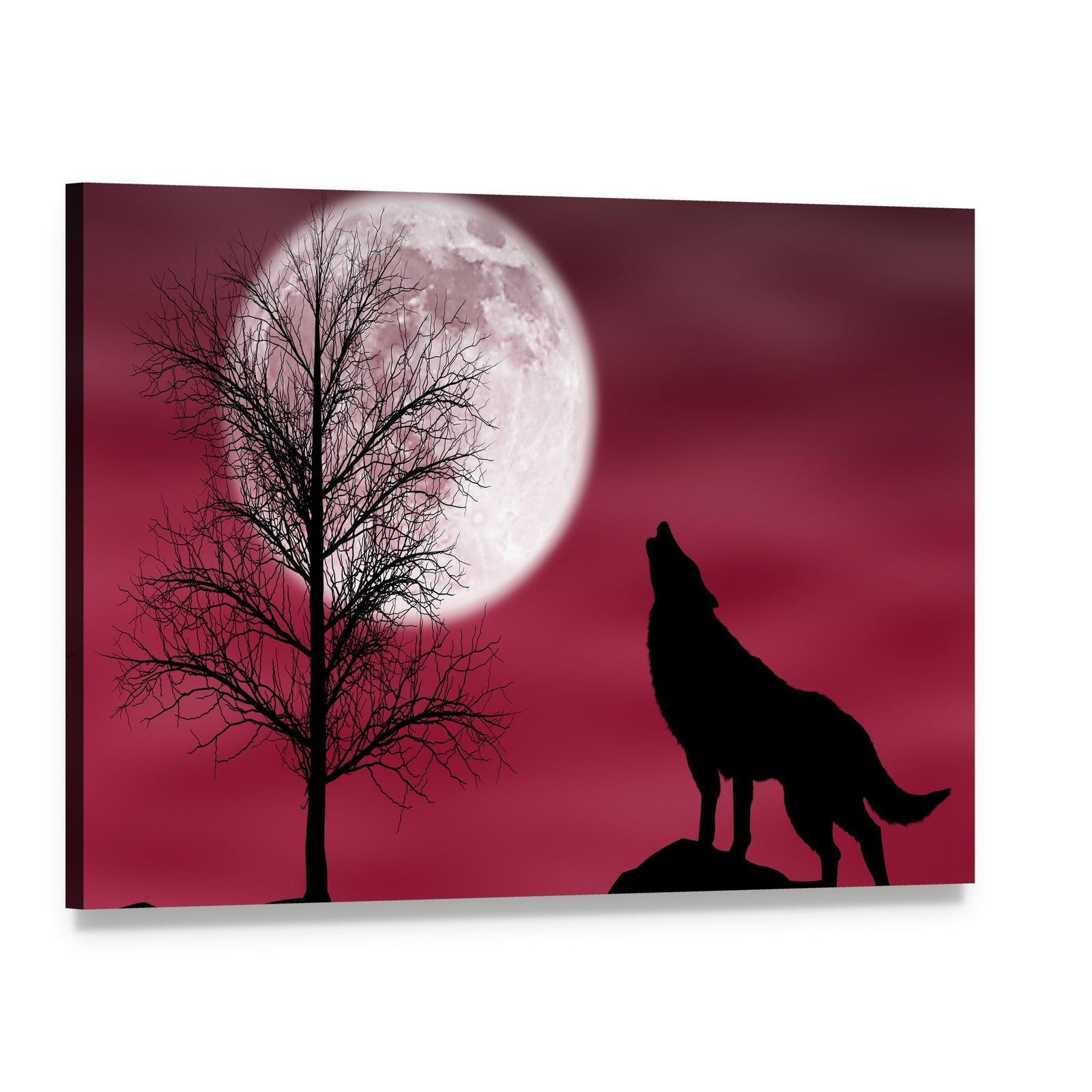 Howling Wolf at Full Moon Canvas Wall Art, single panel gallery wrapped canvas, angled product view