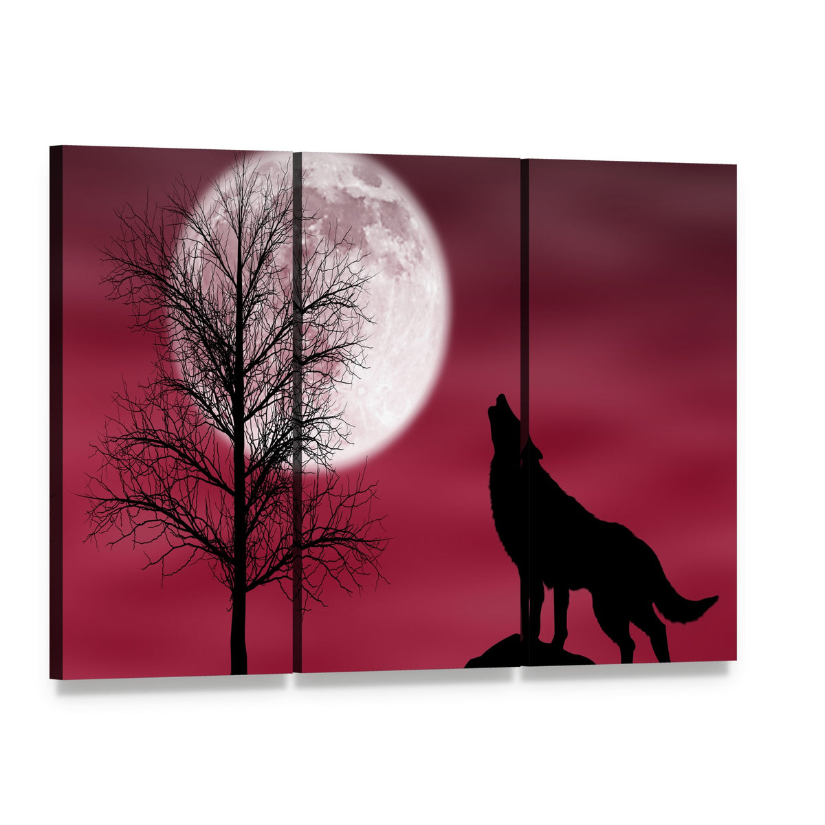 Howling Wolf at Full Moon Canvas Wall Art, 3 panel 3 Horizontal layout gallery wrapped canvas set, angled product view