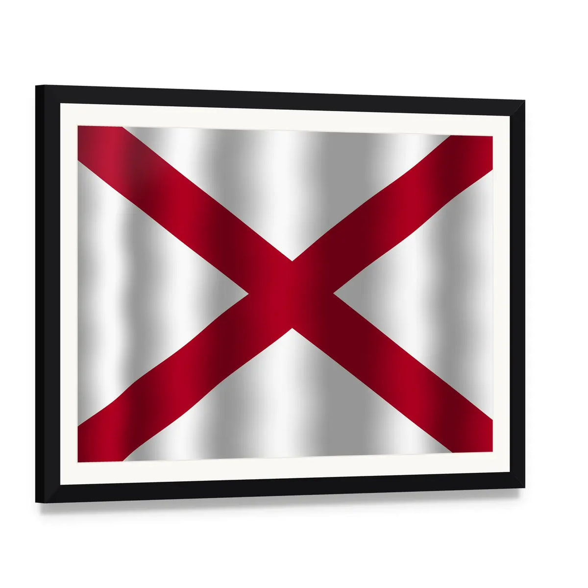 Waving Alabama State Flag Canvas Wall Art, framed print with white mat and black frame, angled product view