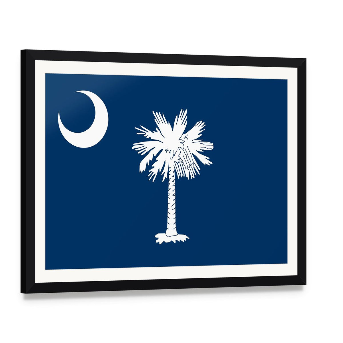South Carolina State Flag Canvas Wall Art, framed print with white mat and black frame, angled product view