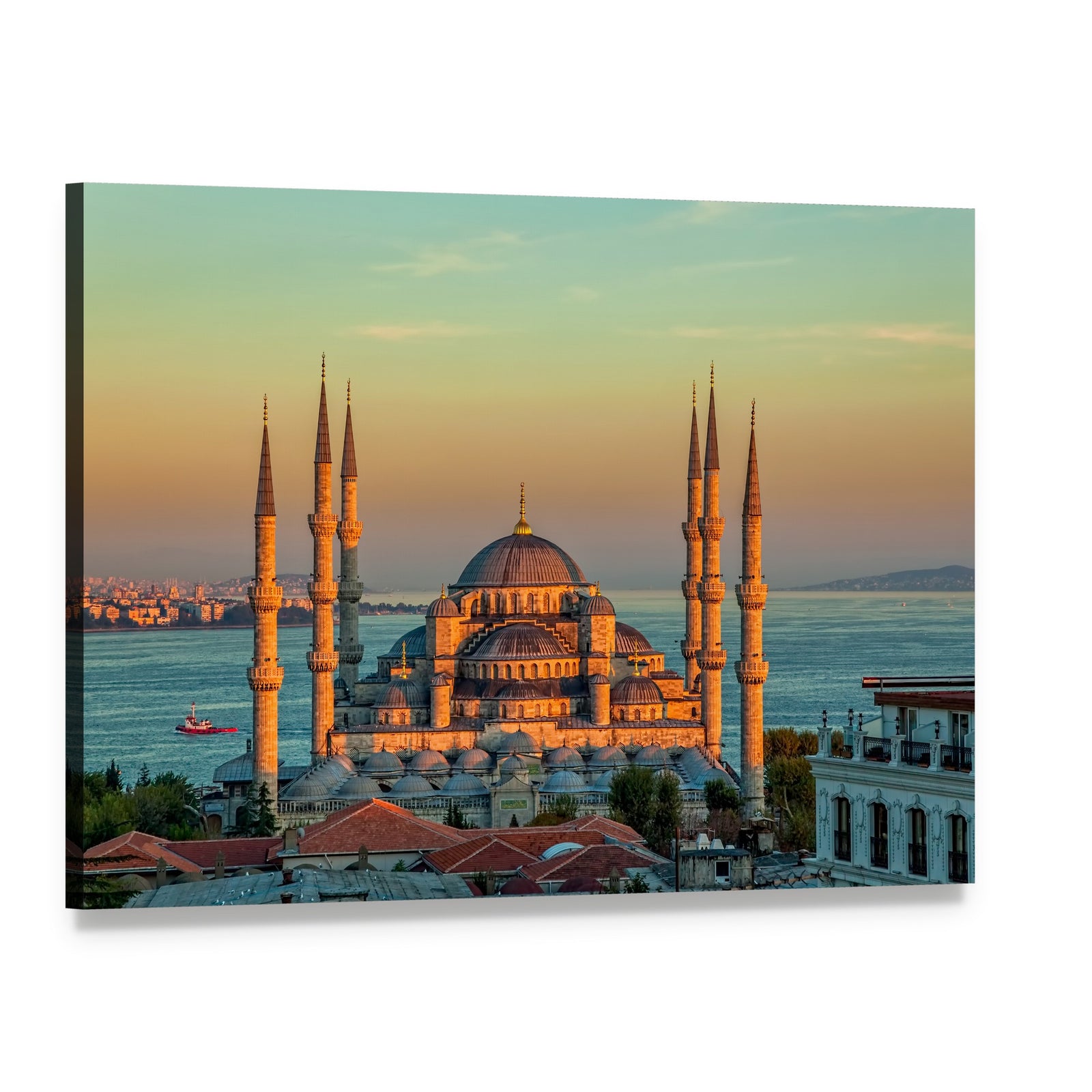 Blue Mosque at Sunset Canvas Wall Art, single panel gallery wrapped canvas, angled product view