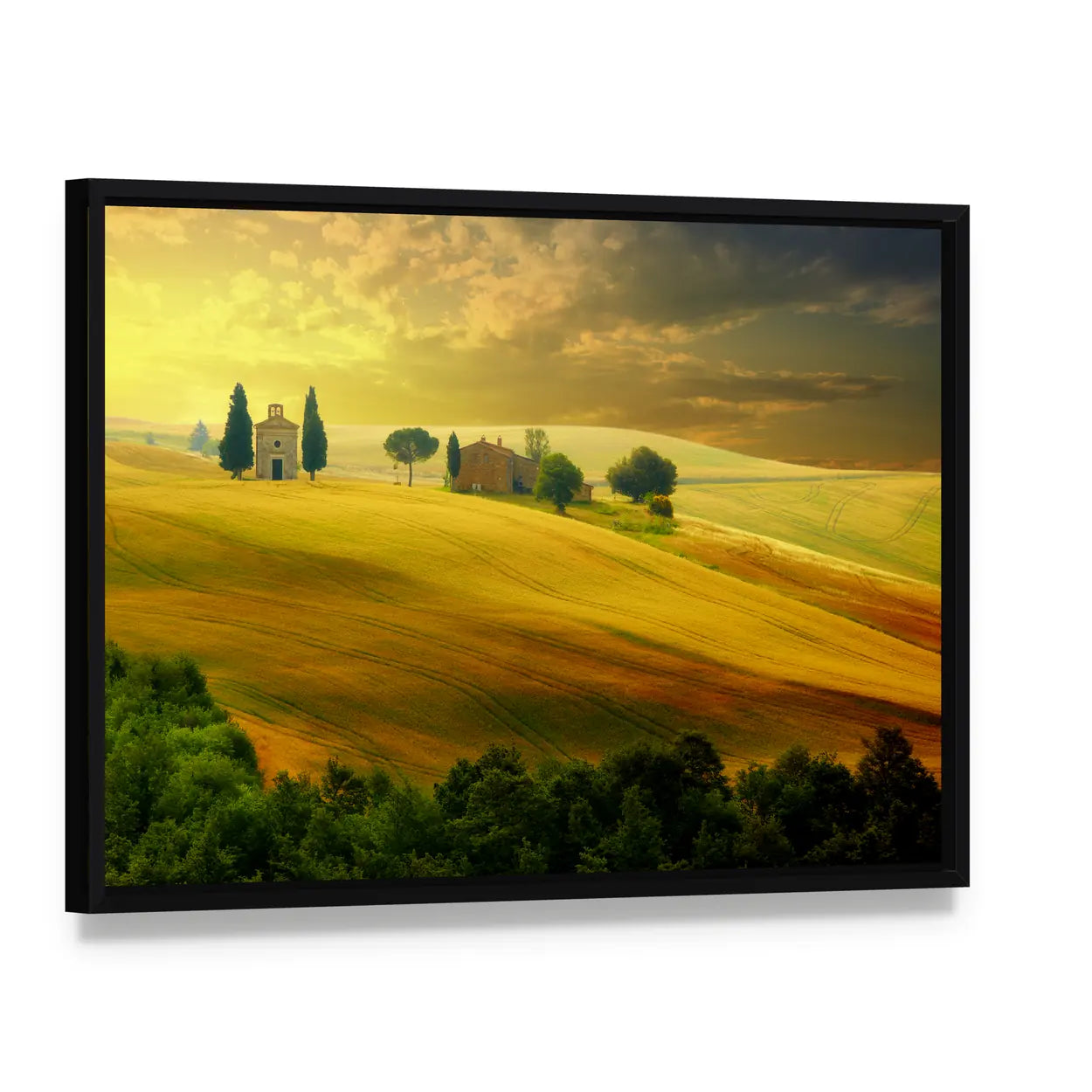 Tuscany at Sunset Canvas Wall Art, framed canvas in a black floater frame, angled product view