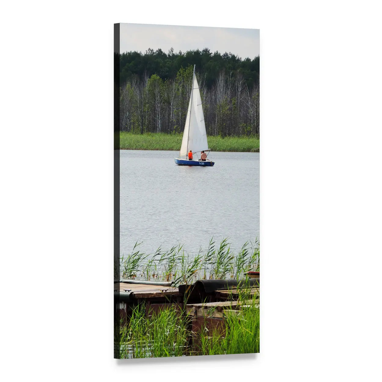 Sailboat on a Calm Summer Lake Vertical Canvas Wall Art, 1 panel 1 Vertical layout gallery wrapped canvas set, angled product view