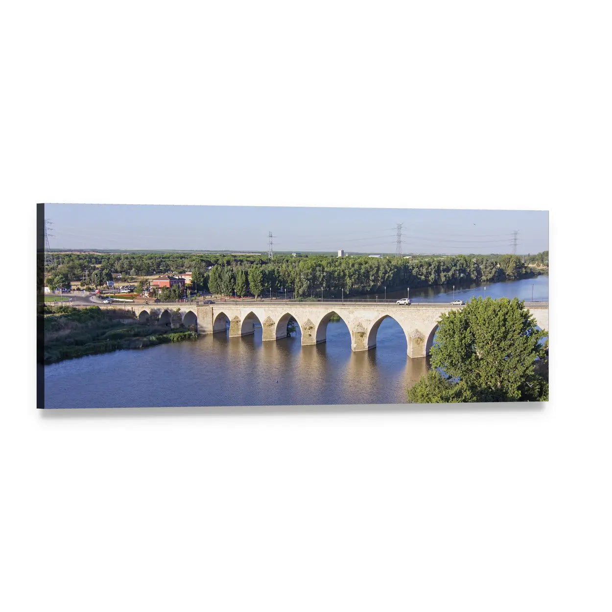 Multi-arched Stone Bridge Over Blue River Panoramic Canvas Wall Art, single panel gallery wrapped canvas, angled product view
