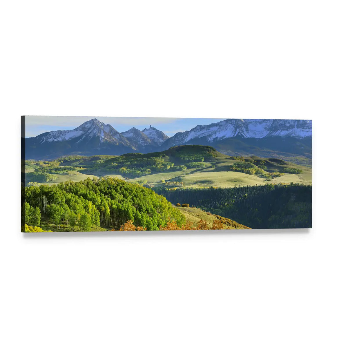 Colorado Mountain Valley with Snow-capped Peaks Panoramic Canvas Wall Art, single panel gallery wrapped canvas, angled product view