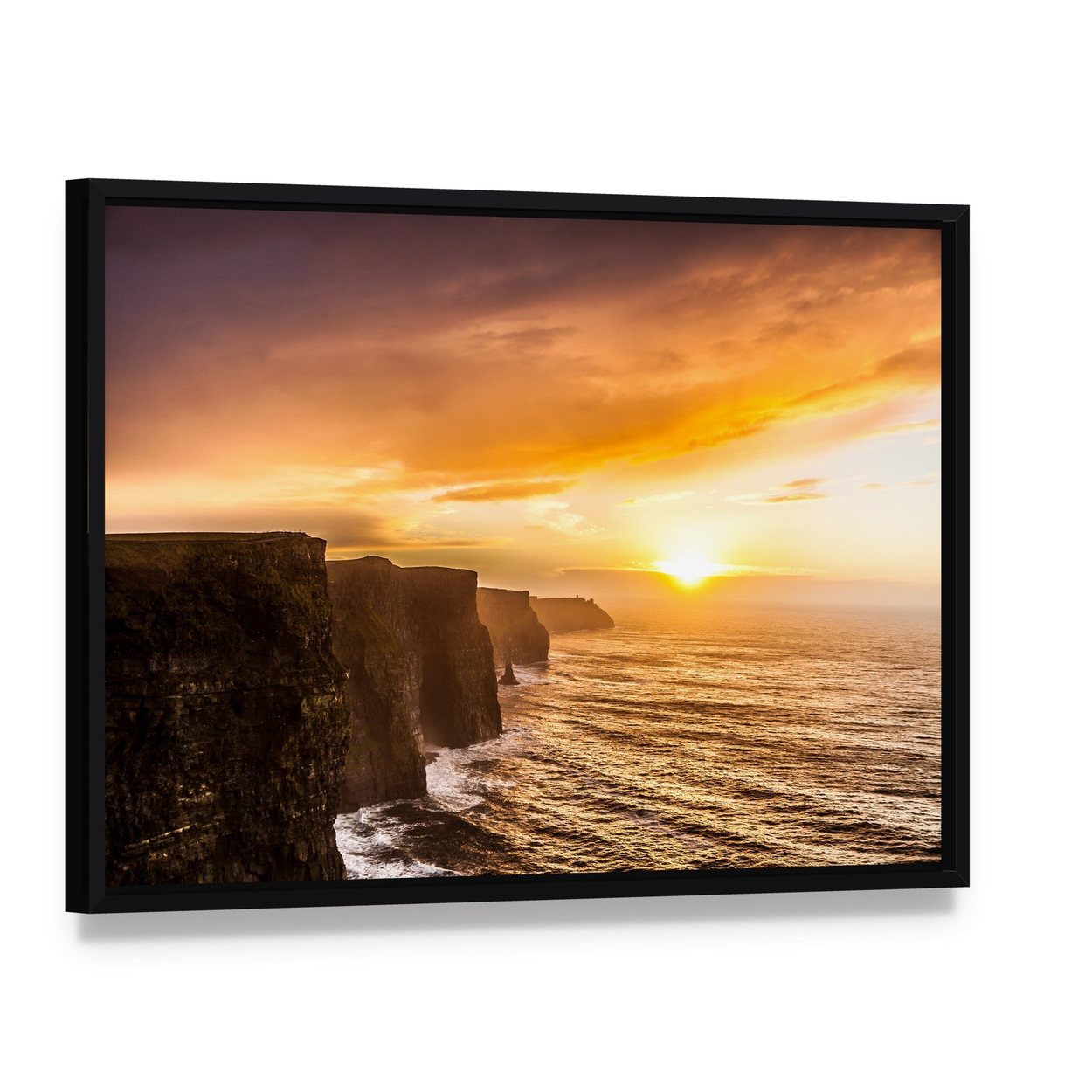 Cliffs of Moher at Sunset Canvas Wall Art, framed canvas in a black floater frame, angled product view