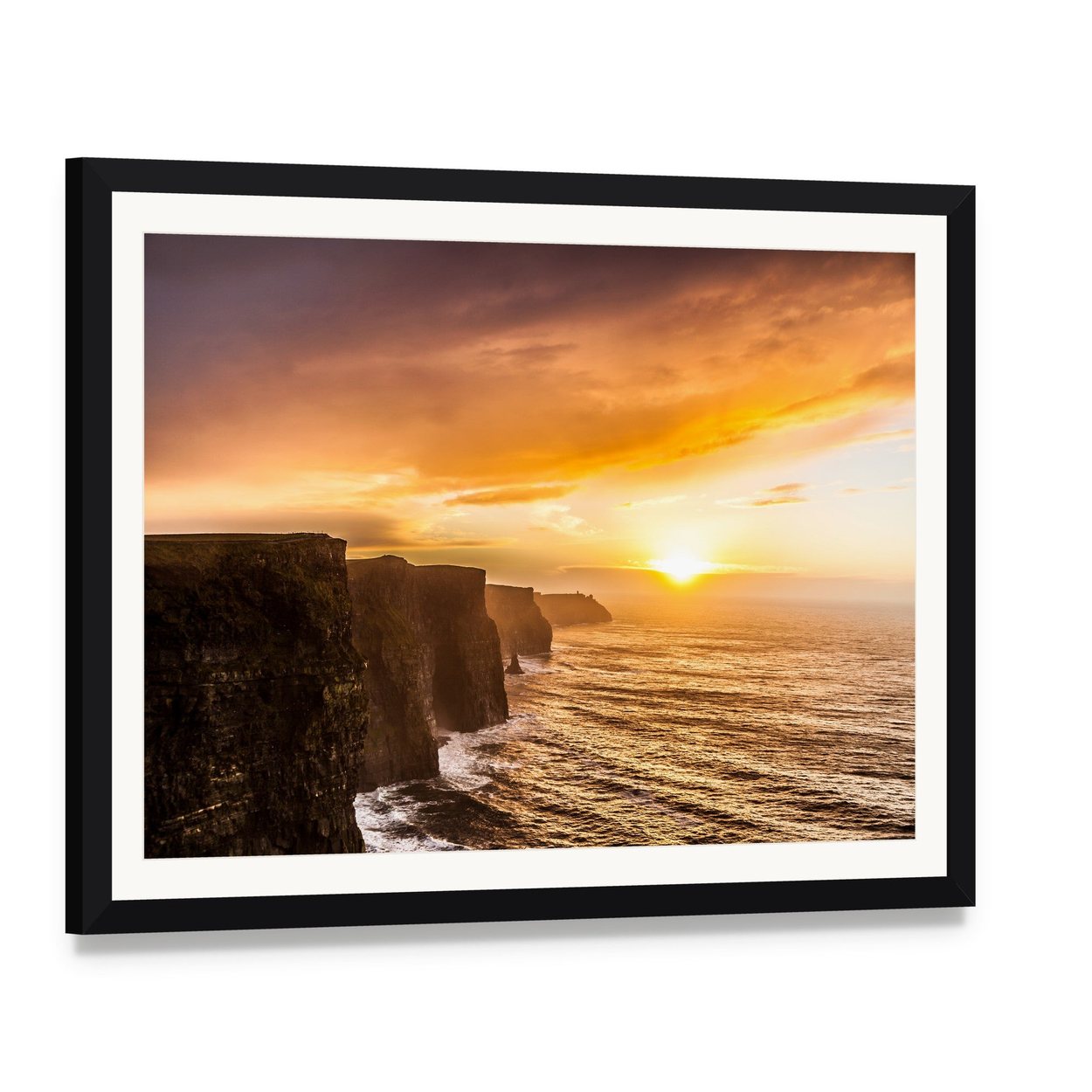 Cliffs of Moher at Sunset Canvas Wall Art, framed print with white mat and black frame, angled product view