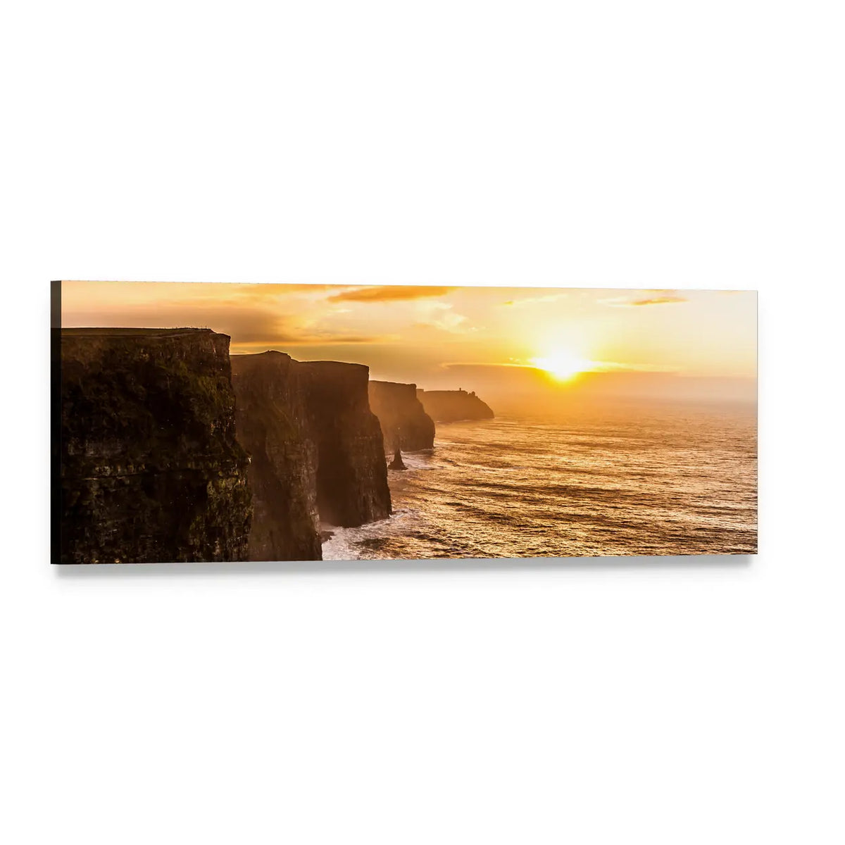 Golden Sunset at Cliffs of Moher Panoramic Canvas Wall Art, single panel gallery wrapped canvas, angled product view