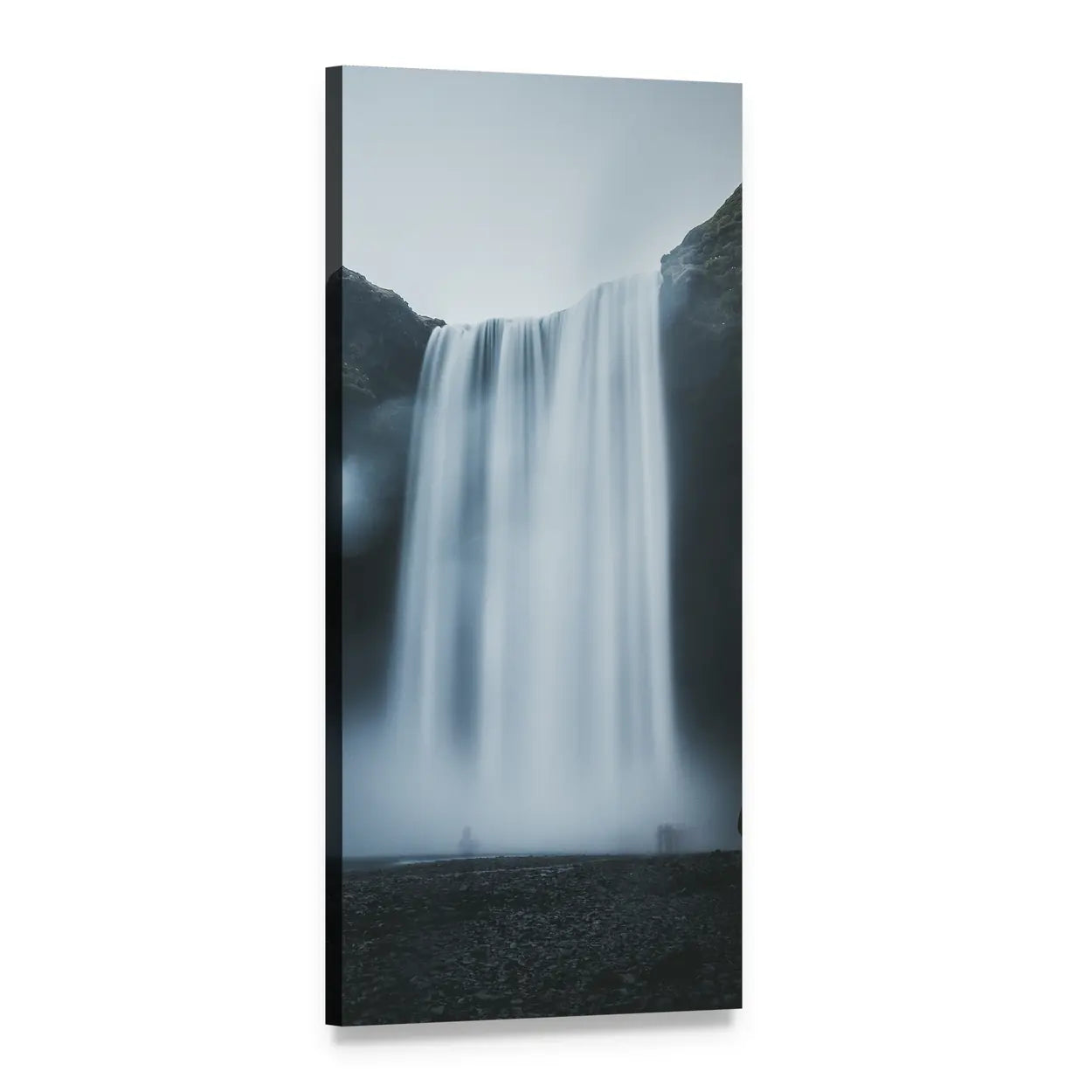 Mountain Waterfall with Cliff Rocks Vertical Canvas Wall Art, 1 panel 1 Vertical layout gallery wrapped canvas set, angled product view
