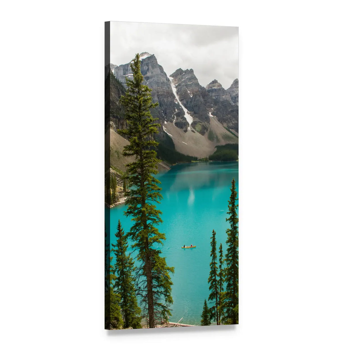 Two Canoeists on Blue Mountain Lake Vertical Canvas Wall Art, 1 panel 1 Vertical layout gallery wrapped canvas set, angled product view