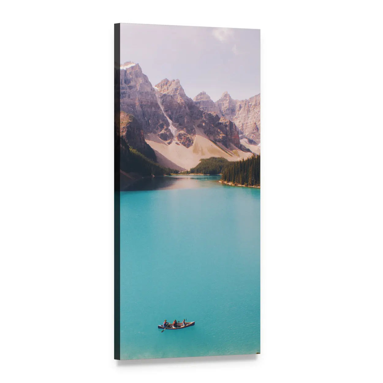 Canoe on Turquoise Lake with Snow-capped Mountains Vertical Canvas Wall Art, 1 panel 1 Vertical layout gallery wrapped canvas set, angled product view