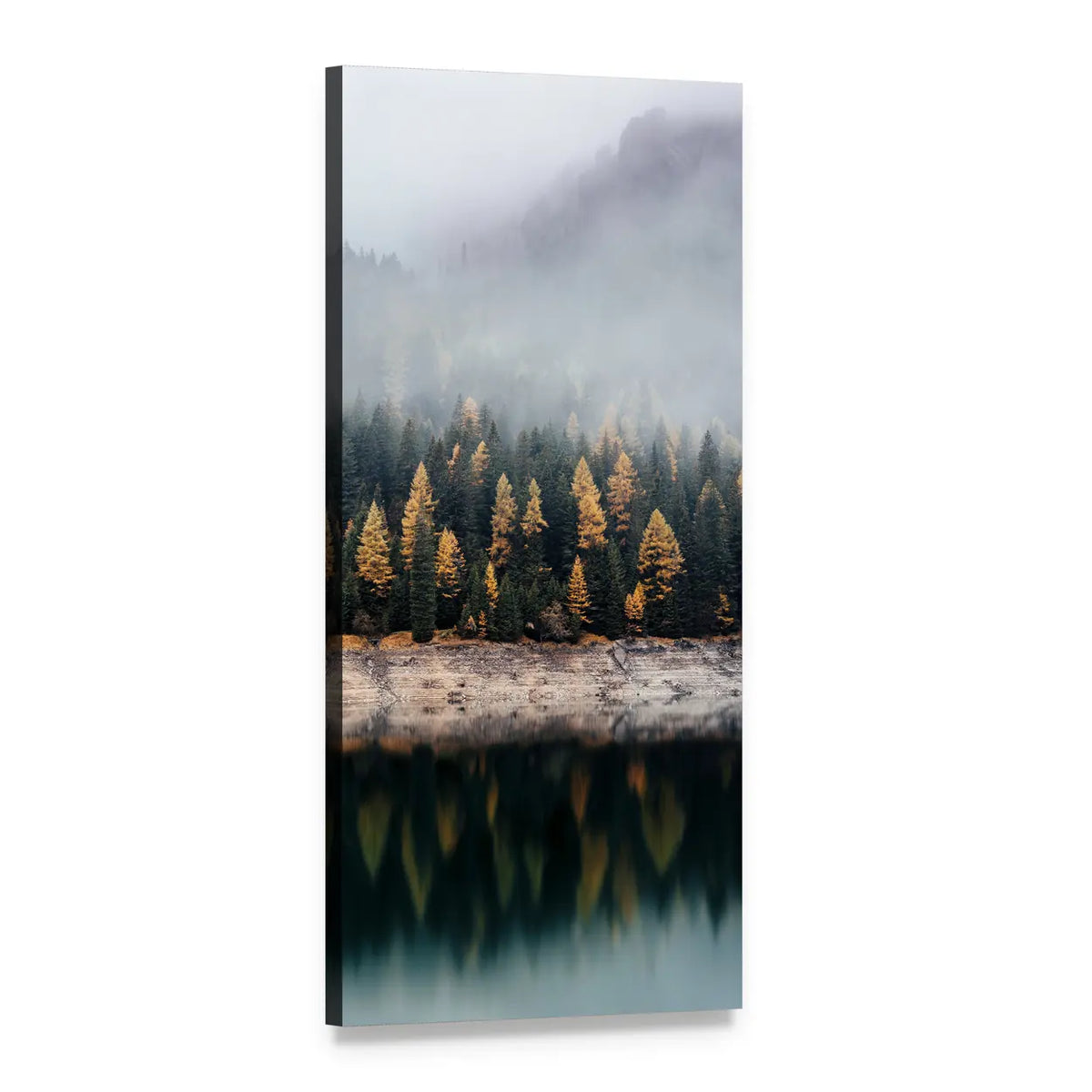 Foggy Forest Reflected in Lake Vertical Canvas Wall Art, 1 panel 1 Vertical layout gallery wrapped canvas set, angled product view
