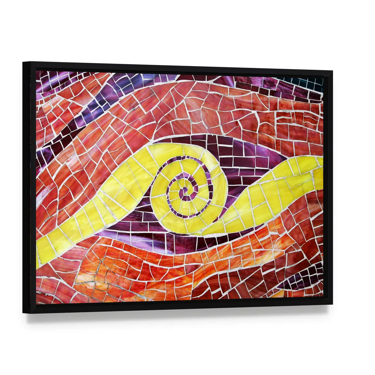 Colorful Mosaic with Yellow Spiral Canvas Wall Art, framed canvas in a black floater frame, angled product view