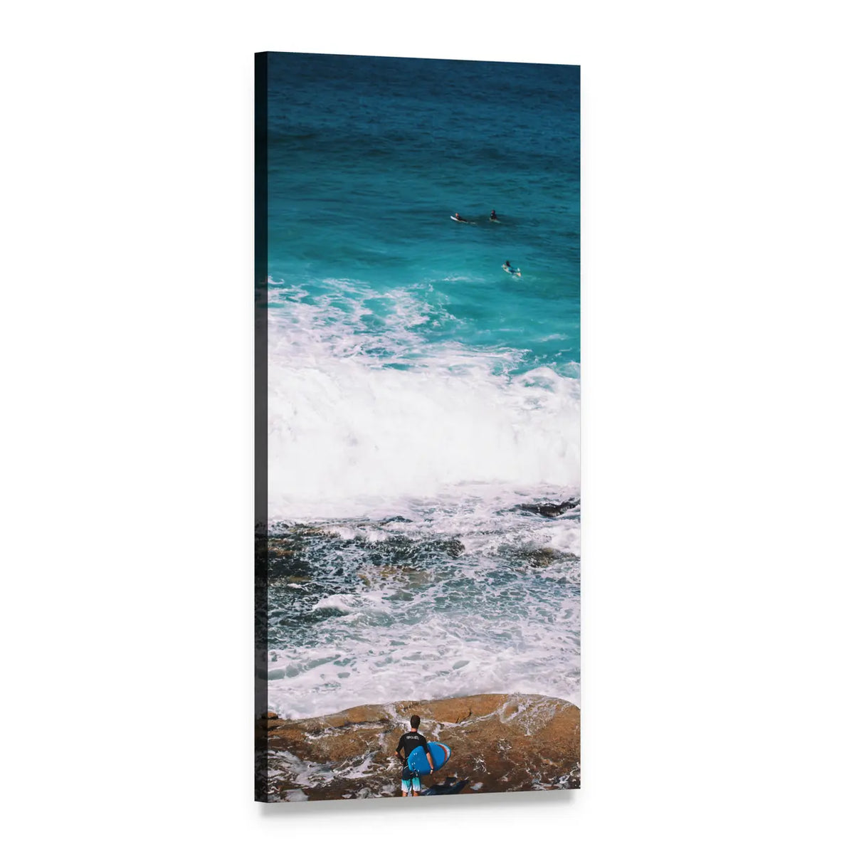 Lone Surfer with Blue Surfboard Vertical Canvas Wall Art, 1 panel 1 Vertical layout gallery wrapped canvas set, angled product view