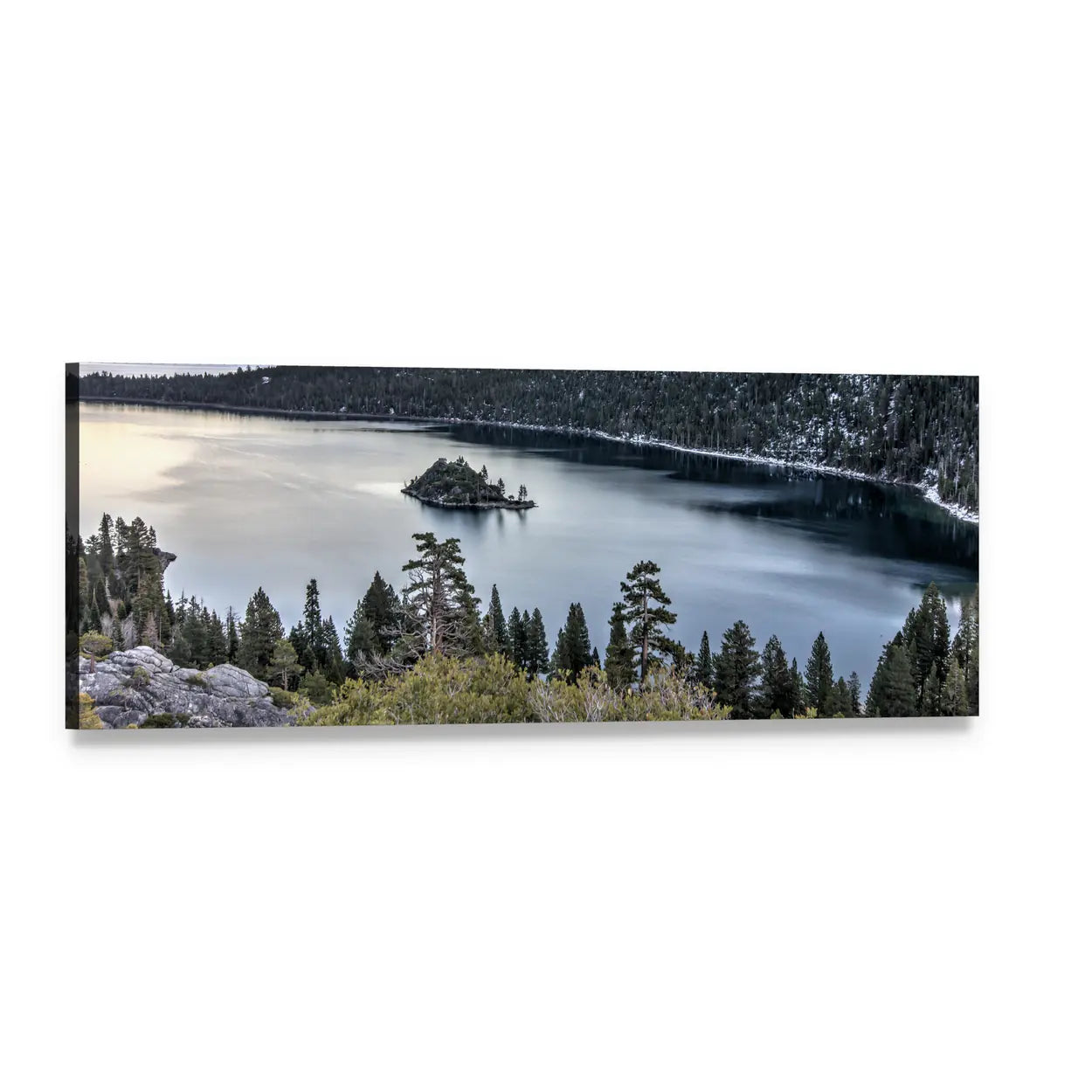 Sunset Over Emerald Bay Panoramic Canvas Wall Art, single panel gallery wrapped canvas, angled product view
