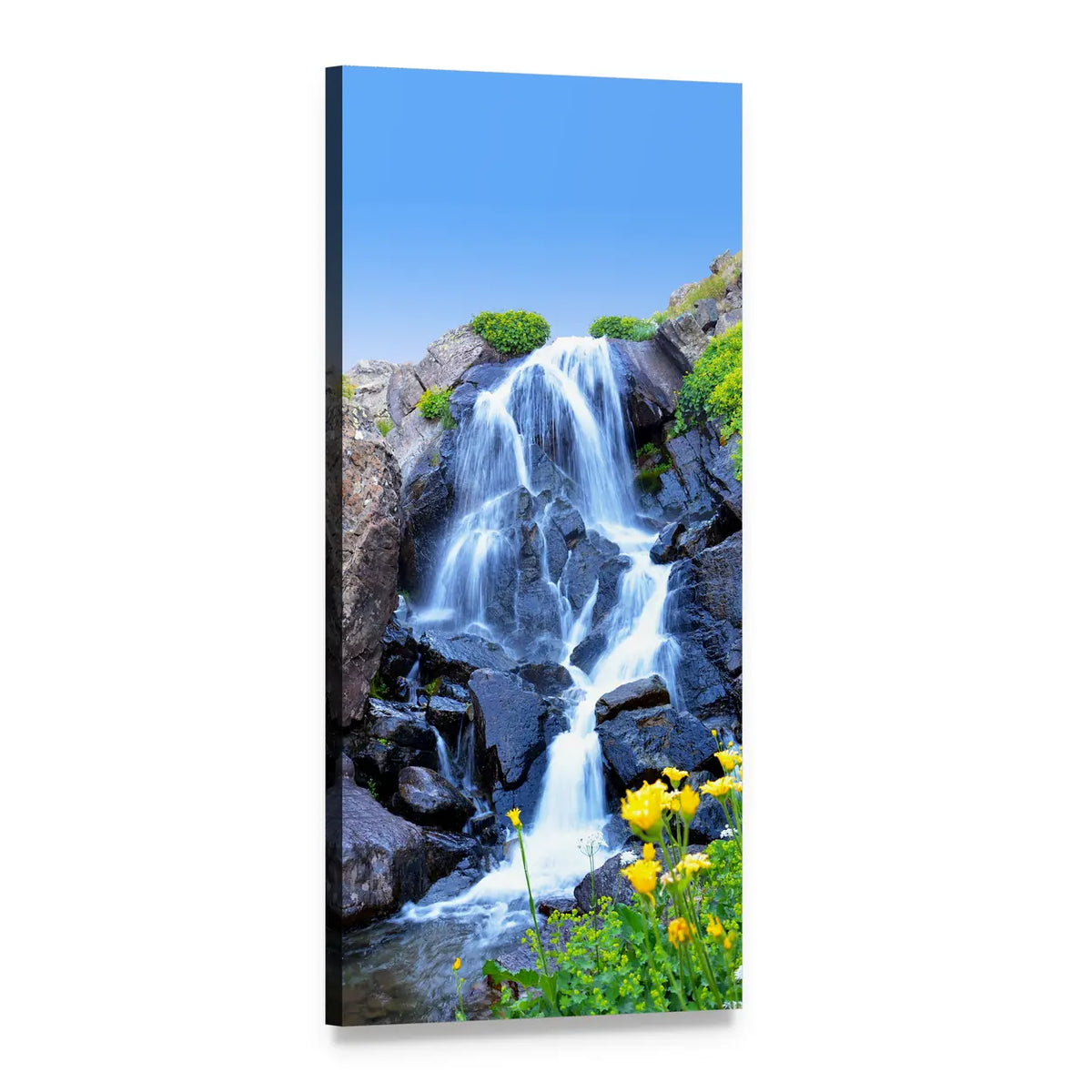 Silky Waterfall with Yellow Wildflowers Vertical Canvas Wall Art, 1 panel 1 Vertical layout gallery wrapped canvas set, angled product view