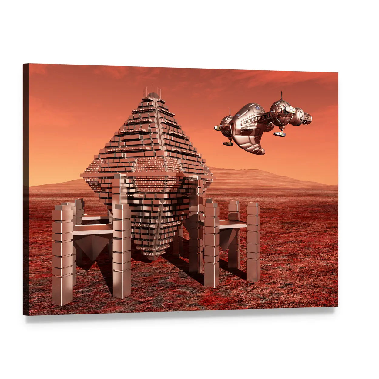 Mars Pyramid and Dual-pod Spaceship Canvas Wall Art, single panel gallery wrapped canvas, angled product view