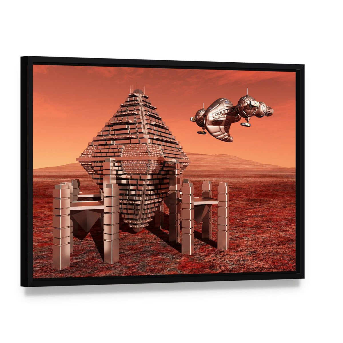 Space Station on Mars Canvas Wall Art, framed canvas in a black floater frame, angled product view