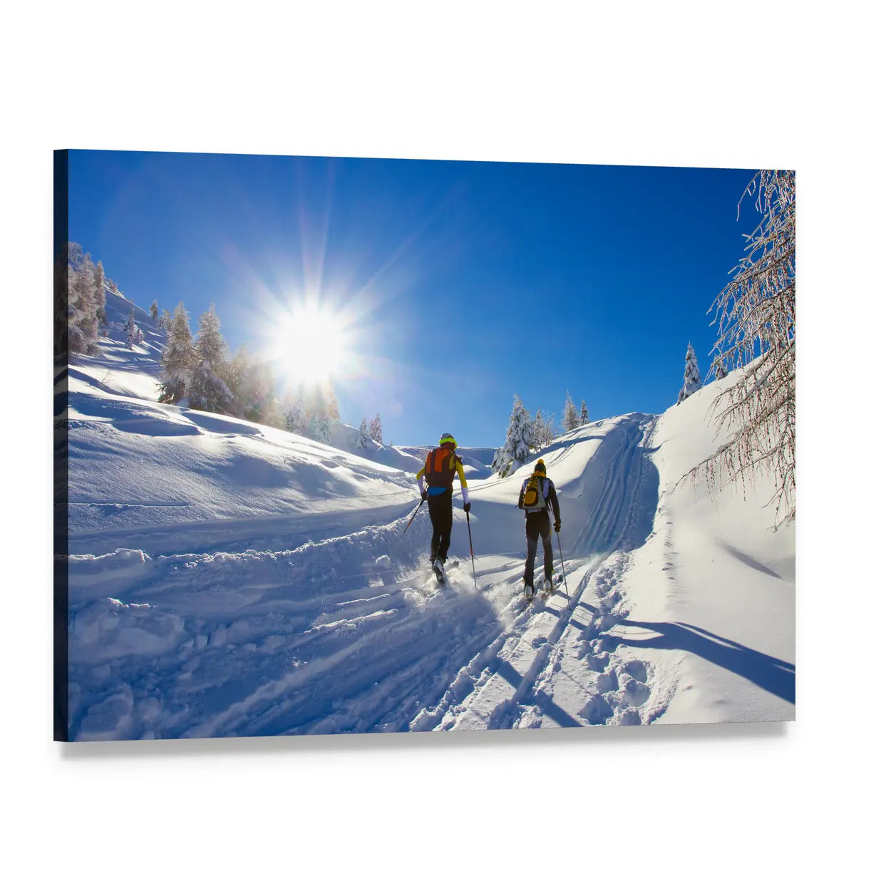Cross-country Skiers on Snowy Mountain Trail Canvas Wall Art, single panel gallery wrapped canvas, angled product view