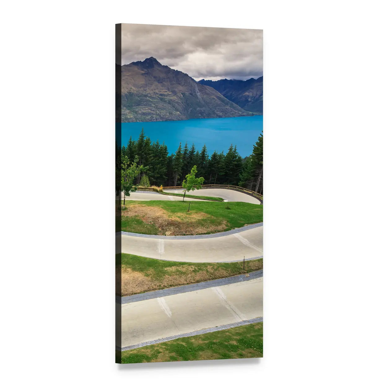 Queenstown Skyline Luge Road Over Turquoise Lake Vertical Canvas Wall Art, 1 panel 1 Vertical layout gallery wrapped canvas set, angled product view