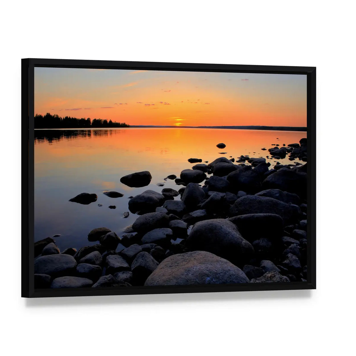Beach At Sunset In Sweden Canvas Wall Art, framed canvas in a black floater frame, angled product view