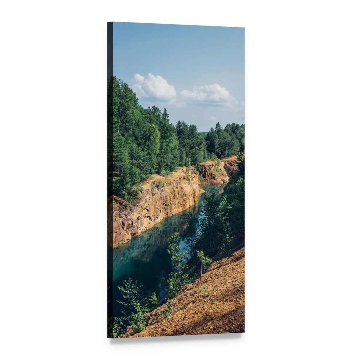 Turquoise Quarry Lake Amid Green Trees Vertical Canvas Wall Art, 1 panel 1 Vertical layout gallery wrapped canvas set, angled product view