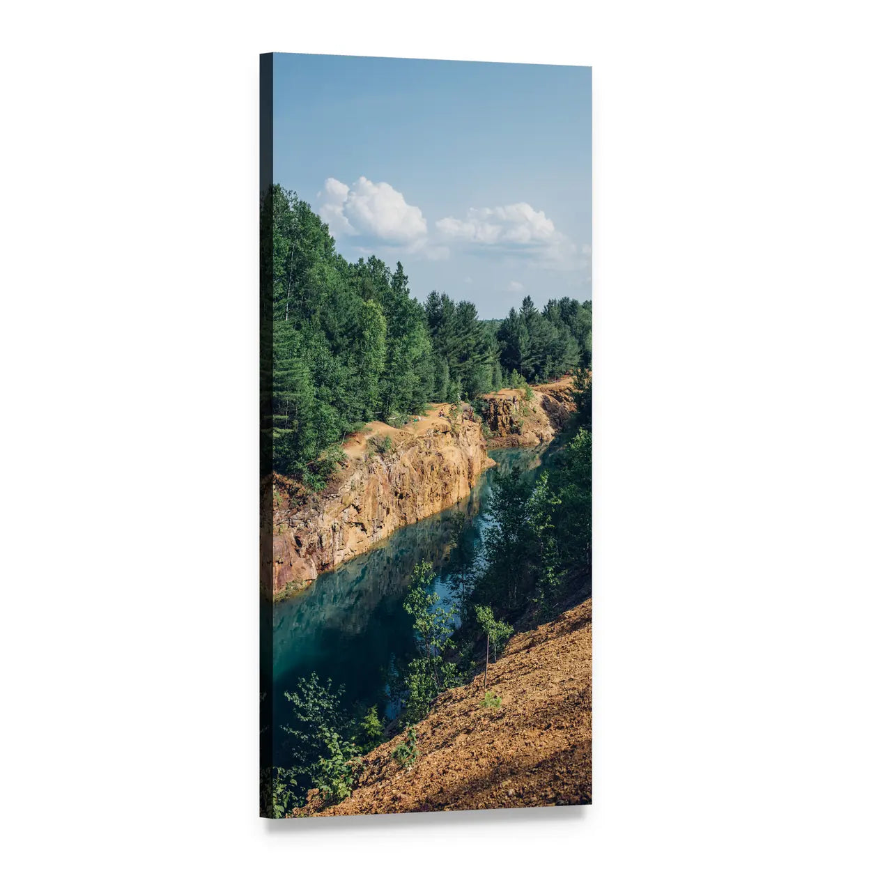 Turquoise Quarry Lake Amid Green Trees Vertical Canvas Wall Art, 1 panel 1 Vertical layout gallery wrapped canvas set, angled product view