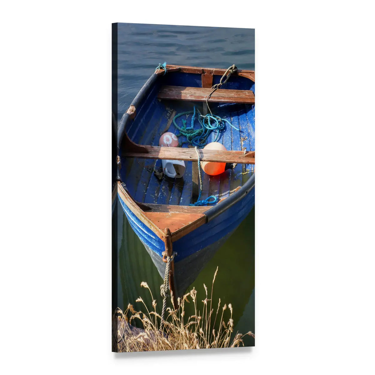 Small Fishing Boat in River Vertical Canvas Wall Art, 1 panel 1 Vertical layout gallery wrapped canvas set, angled product view