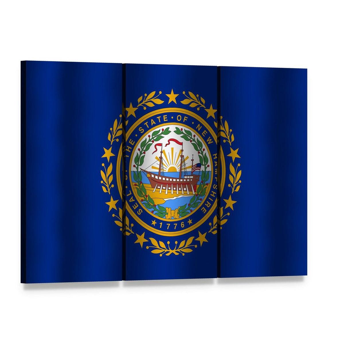 Waving New Hampshire State Flag Canvas Wall Art, 3 panel 3 Horizontal layout gallery wrapped canvas set, angled product view