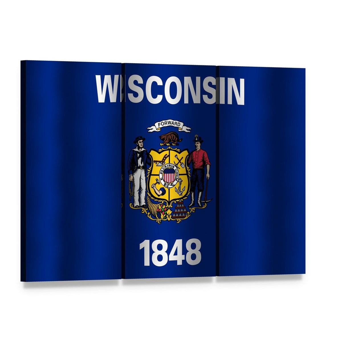 Waving Wisconsin State Flag Canvas Wall Art, 3 panel 3 Horizontal layout gallery wrapped canvas set, angled product view