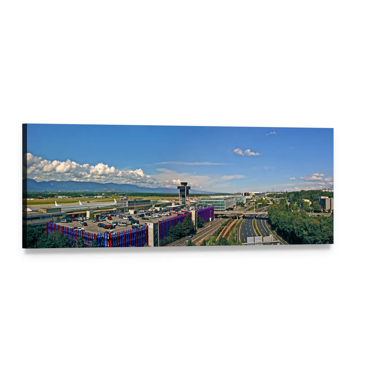 Geneva Airport Terminal Aerial View Panoramic Canvas Wall Art, single panel gallery wrapped canvas, angled product view
