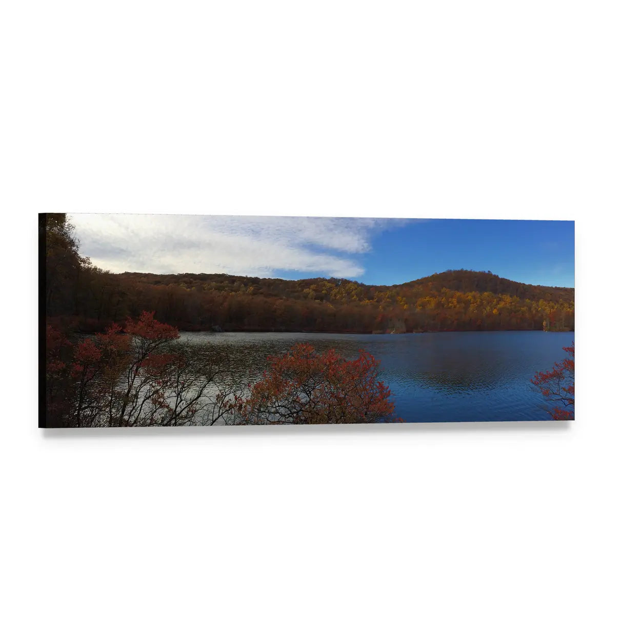Autumn Lake with Red Foliage Panoramic Canvas Wall Art, single panel gallery wrapped canvas, angled product view