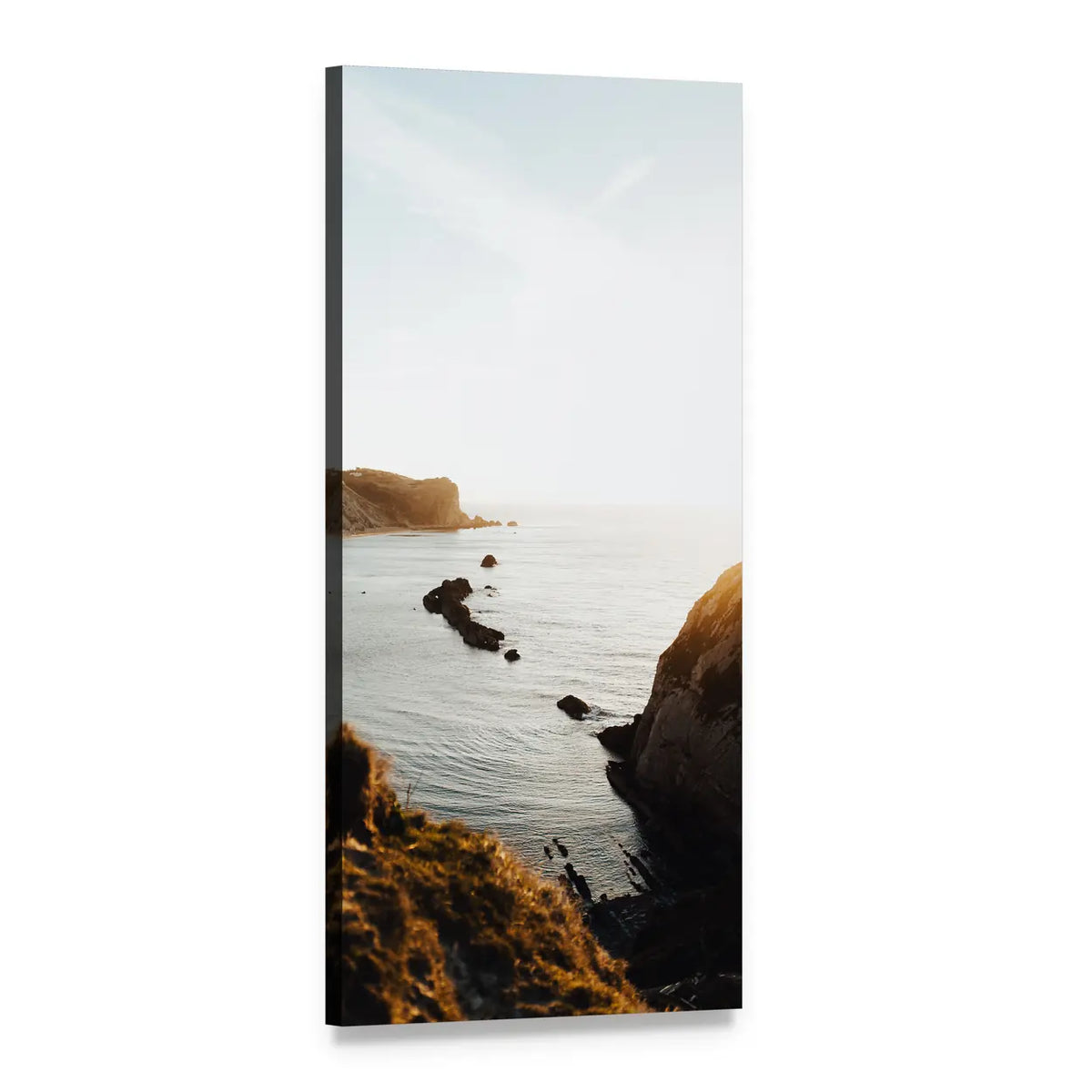 Coastal Cliffs at Sunlit Beach Vertical Canvas Wall Art, 1 panel 1 Vertical layout gallery wrapped canvas set, angled product view