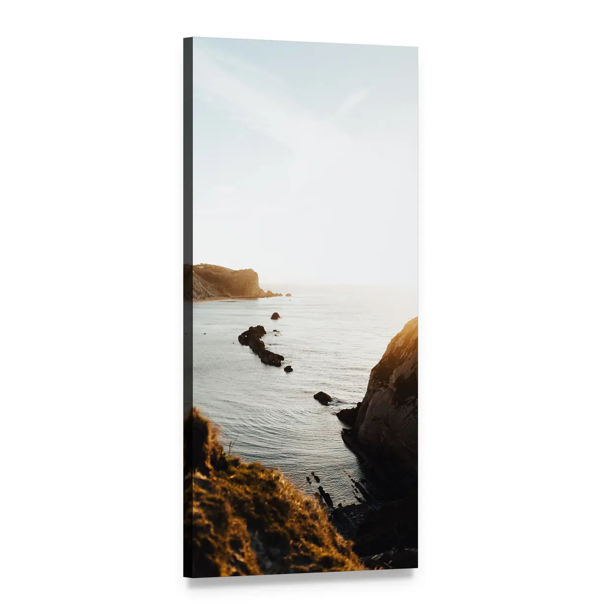 Coastal Cliffs at Sunlit Beach Vertical Canvas Wall Art, 1 panel 1 Vertical layout gallery wrapped canvas set, angled product view