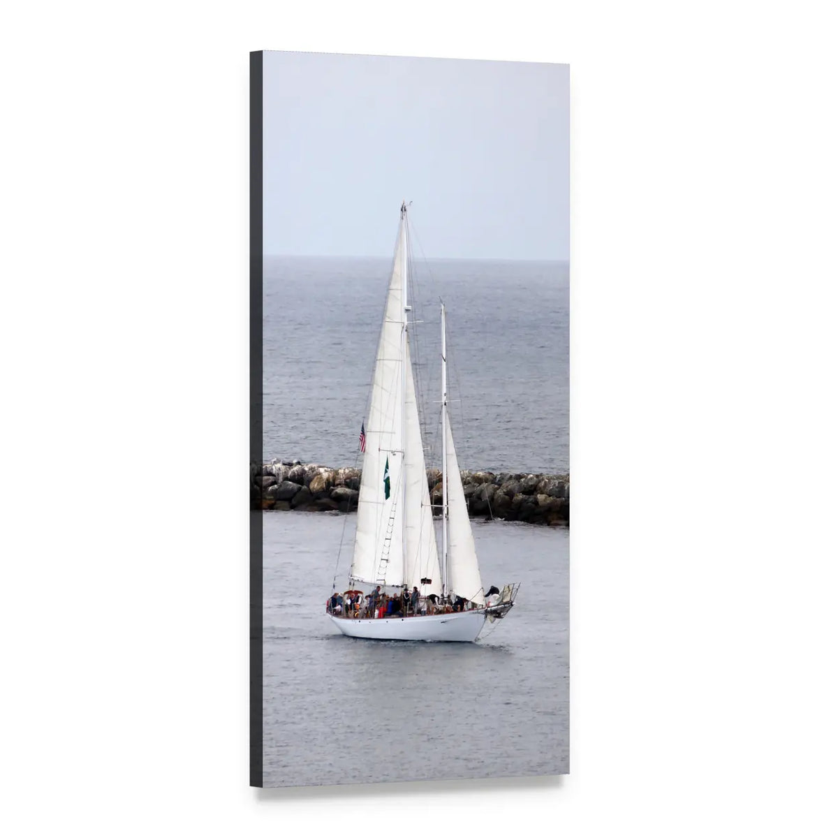 Two-masted Sailboat with Stone Breakwater Vertical Canvas Wall Art, 1 panel 1 Vertical layout gallery wrapped canvas set, angled product view