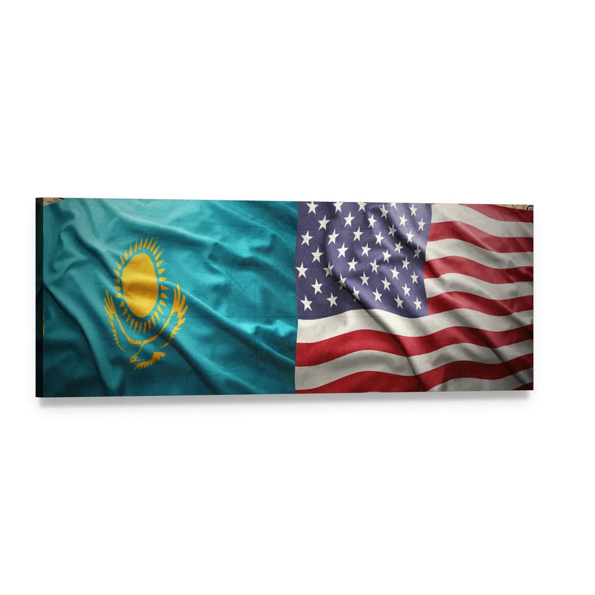 Waving Kazakh and American Flags Panoramic Canvas Wall Art, single panel gallery wrapped canvas, angled product view