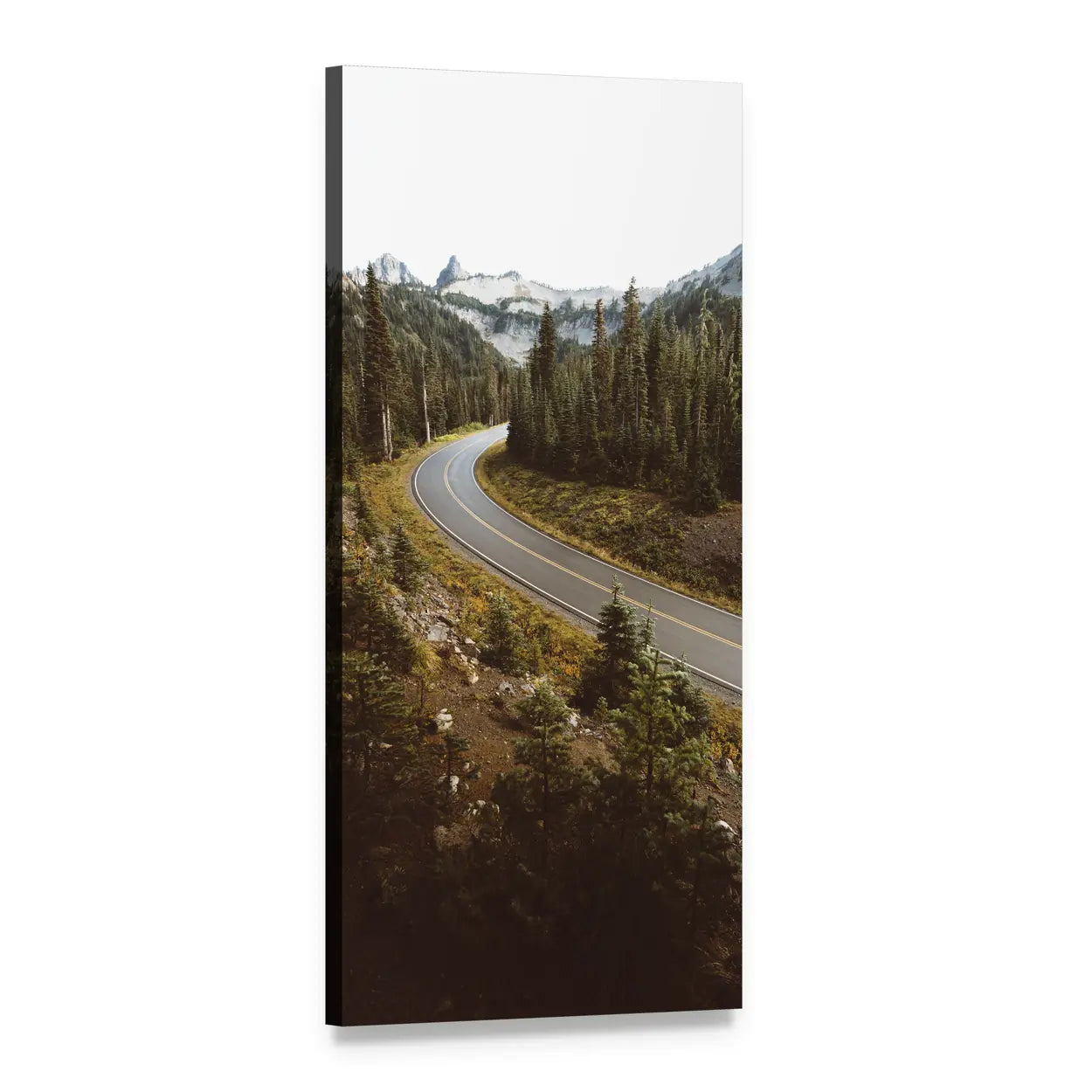 Winding Paved Road Through Pine Forest Vertical Canvas Wall Art, 1 panel 1 Vertical layout gallery wrapped canvas set, angled product view
