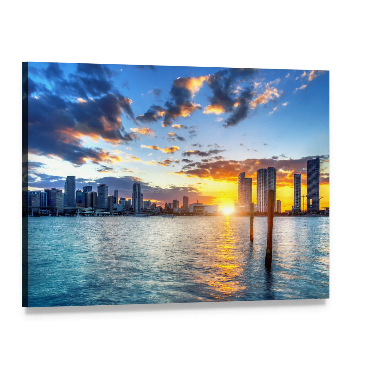 Miami City Skyline at Sunset Canvas Wall Art, single panel gallery wrapped canvas, angled product view