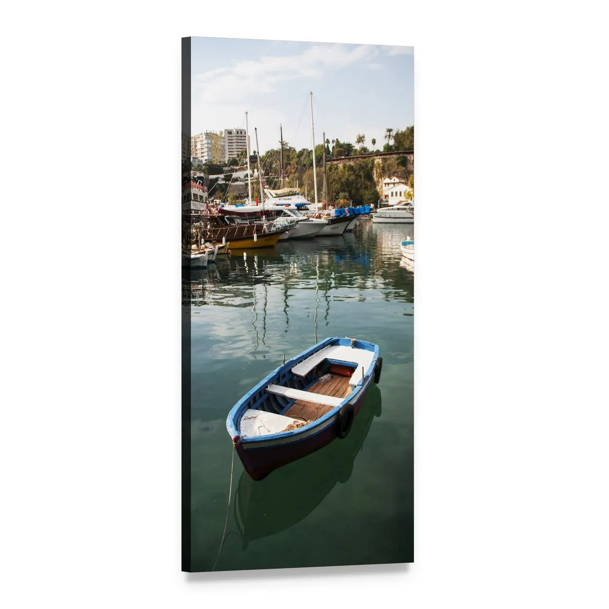 Blue Rowboat in Calm Marina Vertical Canvas Wall Art, 1 panel 1 Vertical layout gallery wrapped canvas set, angled product view